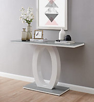 Giovani Rectangular White High Gloss Console Table with Grey Glass Top and Unique Halo Structural Plinth Base Design