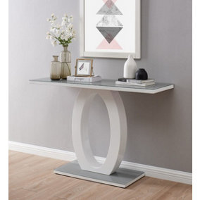 Giovani Rectangular White High Gloss Console Table with Grey Glass Top and Unique Halo Structural Plinth Base Design