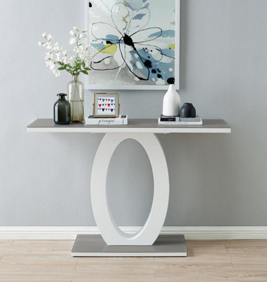 Giovani Rectangular White High Gloss Console Table with Grey Glass Top and Unique Halo Structural Plinth Base Design