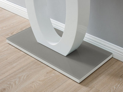 Giovani Rectangular White High Gloss Console Table with Grey Glass Top and Unique Halo Structural Plinth Base Design