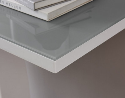Giovani Rectangular White High Gloss Console Table with Grey Glass Top and Unique Halo Structural Plinth Base Design