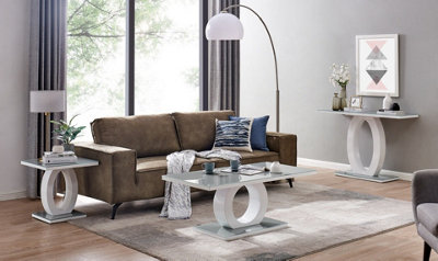 Giovani Rectangular White High Gloss Console Table with Grey Glass Top and Unique Halo Structural Plinth Base Design