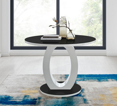 Giovani Round 2 4 Seat 100cm White High Gloss Dining Table with Black Glass Top and Unique Modern Halo Structural Plinth Base