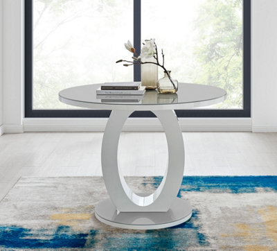 Giovani Round 2 4 Seat 100cm White High Gloss Dining Table with Grey Glass Top and Unique Modern Halo Structural Plinth Base