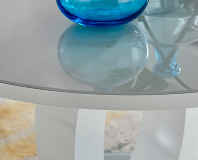 Giovani Round 2 4 Seat 100cm White High Gloss Dining Table with Grey Glass Top and Unique Modern Halo Structural Plinth Base