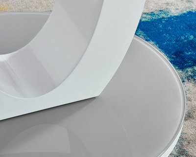 Giovani Round 2 4 Seat 100cm White High Gloss Dining Table with Grey Glass Top and Unique Modern Halo Structural Plinth Base