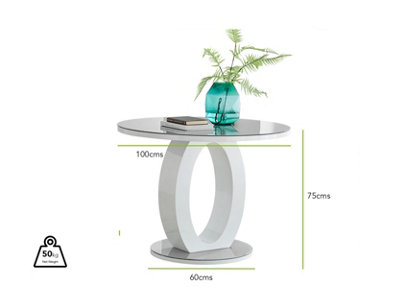 Giovani Round 2 4 Seat 100cm White High Gloss Dining Table with Grey Glass Top and Unique Modern Halo Structural Plinth Base