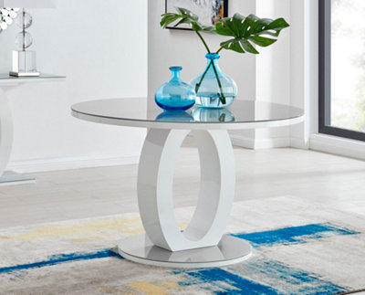 Giovani Round 4 6 Seat 120cm White High Gloss Dining Table with Grey Glass Top and Unique Modern Halo Structural Plinth Base