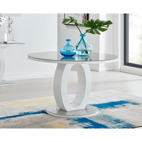 Giovani Round 4 6 Seat 120cm White High Gloss Dining Table with Grey Glass Top and Unique Modern Halo Structural Plinth Base