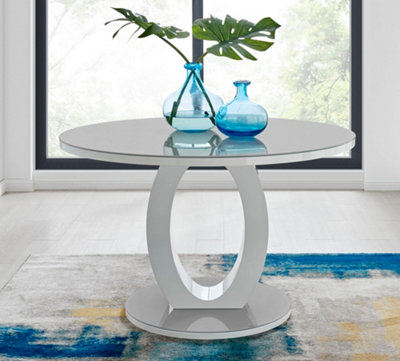 Giovani Round 4 6 Seat 120cm White High Gloss Dining Table with Grey Glass Top and Unique Modern Halo Structural Plinth Base