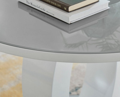 Giovani Round 4 6 Seat 120cm White High Gloss Dining Table with Grey Glass Top and Unique Modern Halo Structural Plinth Base