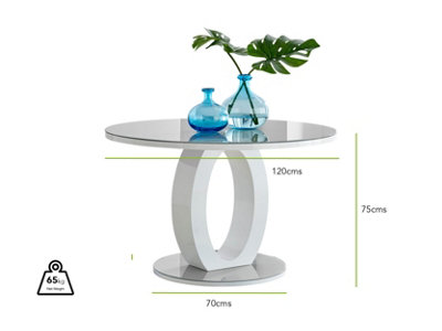 Giovani Round 4 6 Seat 120cm White High Gloss Dining Table with Grey Glass Top and Unique Modern Halo Structural Plinth Base