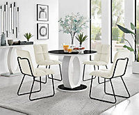 Giovani Round 4 Seat 100cm White High Gloss Halo Base Black Glass Top Dining Table 4 Cream Fabric Black Leg Menen Chairs