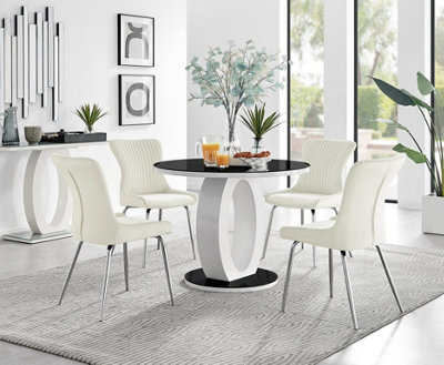 Giovani Round 4 Seat 100cm White High Gloss Halo Base Black Glass Top