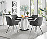 Giovani Round 4 Seat 100cm White High Gloss Halo Base Black Glass Top Dining Table 4 Dark Grey Fabric Black Leg Falun Chairs