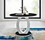Giovani Round 4 Seat 100cm White High Gloss Halo Base Black Glass Top Dining Table 4 Dark Grey Fabric Black Leg Falun Chairs