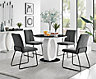 Giovani Round 4 Seat 100cm White High Gloss Halo Base Black Glass Top Dining Table 4 Dark Grey Fabric Black Leg Halle Chairs
