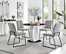 Giovani Round 4 Seat 100cm White High Gloss Halo Base Black Glass Top Dining Table 4 Light Grey Fabric Black Leg Halle Chairs