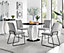 Giovani Round 4 Seat 100cm White High Gloss Halo Base Black Glass Top Dining Table 4 Light Grey Fabric Black Leg Halle Chairs