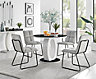 Giovani Round 4 Seat 100cm White High Gloss Halo Base Black Glass Top Dining Table 4 Light Grey Fabric Black Leg Menen Chairs
