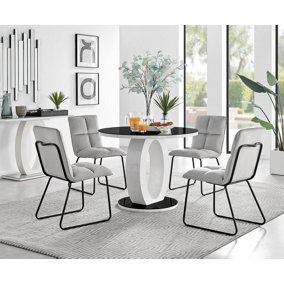 Giovani Round 4 Seat 100cm White High Gloss Halo Base Black Glass Top Dining Table 4 Light Grey Fabric Black Leg Menen Chairs
