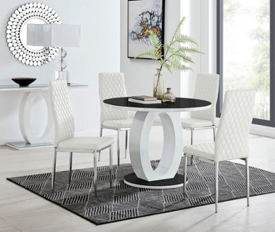 Giovani Round 4 Seat 100cm White High Gloss Halo Base Black Glass Top