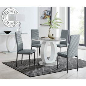 Giovani Round 4 Seat 100cm White High Gloss Halo Base Grey Glass Top Dining Table 4 Beige Faux Leather Black Leg Milan Chairs