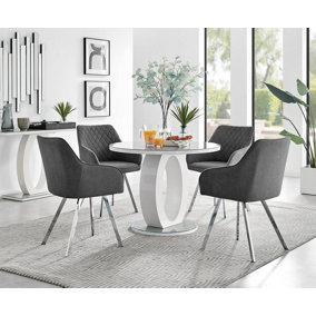 Giovani Round 4 Seat 100cm White High Gloss Halo Base Grey Glass Top Dining Table 4 Dark Grey Fabric Black Leg Falun Chairs