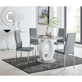 Giovani Round 4 Seat 100cm White High Gloss Halo Base Grey Glass Top Dining Table 4 Grey Faux Leather Silver Leg Milan Chairs