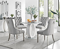 Giovani Round 4 Seat 100cm White High Gloss Halo Base Grey Glass Top Dining Table 4 Grey Velvet Silver Leg Belgravia Chairs