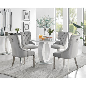 Giovani Round 4 Seat 100cm White High Gloss Halo Base Grey Glass Top Dining Table 4 Grey Velvet Silver Leg Belgravia Chairs