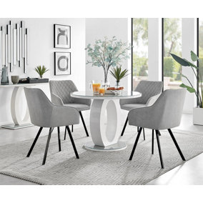 Giovani Round 4 Seat 100cm White High Gloss Halo Base Grey Glass Top Dining Table 4 Light Grey Fabric Black Leg Falun Chairs