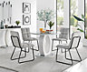 Giovani Round 4 Seat 100cm White High Gloss Halo Base Grey Glass Top Dining Table 4 Light Grey Fabric Black Leg Menen Chairs
