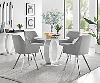 Giovani Round 4 Seat 100cm White High Gloss Halo Base Grey Glass Top Dining Table 4 Light Grey Fabric Silver Leg Falun Chairs