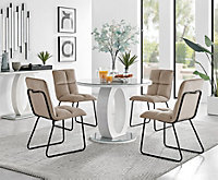 Giovani Round 4 Seat 100cm White High Gloss Halo Base Grey Glass Top Dining Table 4 Taupe Fabric Black Leg Menen Chairs