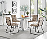 Giovani Round 4 Seat 100cm White High Gloss Halo Base Grey Glass Top Dining Table 4 Taupe Fabric Black Leg Menen Chairs