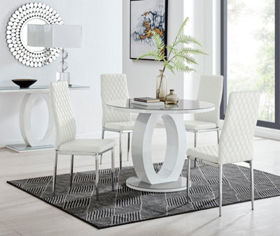 Giovani Round 4 Seat 100cm White High Gloss Halo Base Grey Glass Top Dining Table 4 White Faux Leather Silver Leg Milan Chairs