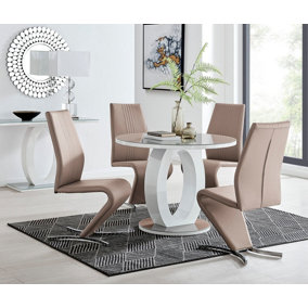 Giovani Round 4 Seat 100cm White High Gloss Unique Halo Base Grey Glass Top Dining Table 4 Beige Faux Leather Willow Chairs