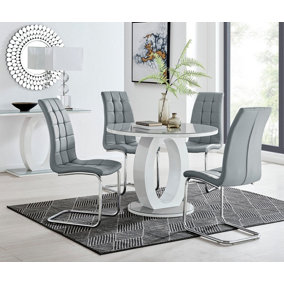 Giovani Round 4 Seat 100cm White High Gloss Unique Halo Base Grey Glass Top Dining Table 4 Grey Faux Leather Murano Chairs