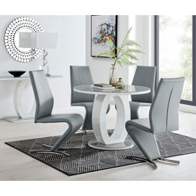 Giovani Round 4 Seat 100cm White High Gloss Unique Halo Base Grey Glass Top Dining Table 4 Grey Faux Leather Willow Chairs