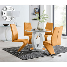 Giovani Round 4 Seat 100cm White High Gloss Unique Halo Base Grey Glass Top Dining Table 4 Mustard Faux Leather Willow Chairs