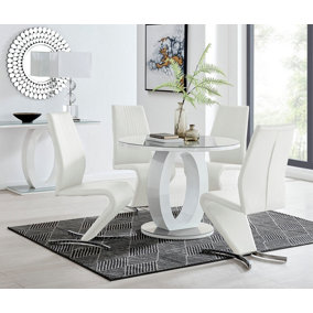 Giovani Round 4 Seat 100cm White High Gloss Unique Halo Base Grey Glass Top Dining Table 4 White Faux Leather Willow Chairs