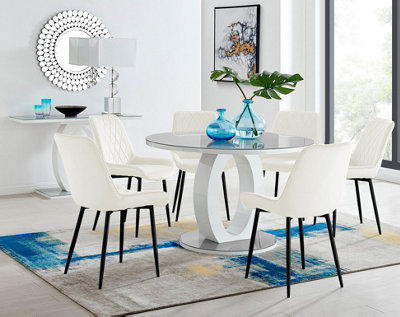 Giovani Round 6 Seat 120cm White High Gloss Halo Base Grey Glass Top Dining Table 6 Cream Velvet Black Leg Pesaro Chairs