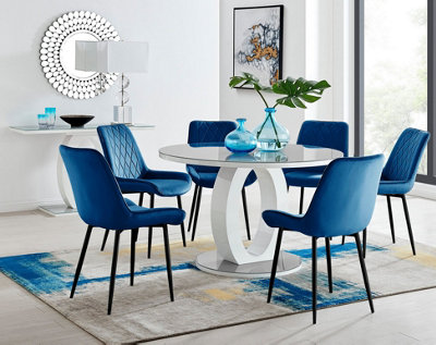 Giovani Round 6 Seat 120cm White High Gloss Halo Base Grey Glass Top Dining Table 6 Navy Velvet Black Leg Pesaro Chairs