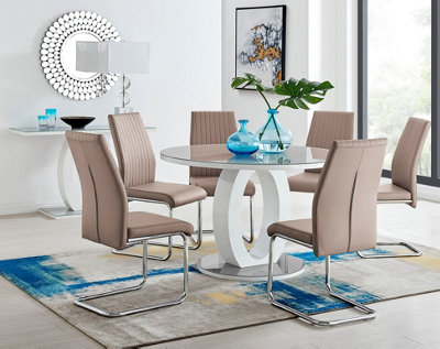 Giovani Round 6 Seat 120cm White High Gloss Unique Halo Base Grey Glass Top Dining Table 6 Beige Faux Leather Lorenzo Chairs