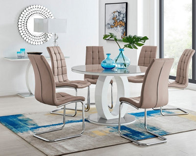 Giovani Round 6 Seat 120cm White High Gloss Unique Halo Base Grey Glass Top Dining Table 6 Beige Faux Leather Murano Chairs