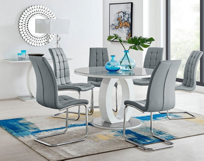 Giovani Round 6 Seat 120cm White High Gloss Unique Halo Base Grey Glass Top Dining Table 6 Grey Faux Leather Murano Chairs