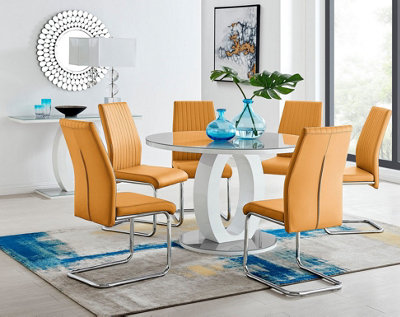 Giovani Round 6 Seat 120cm White High Gloss Unique Halo Base Grey Glass Top Dining Table 6 Mustard Faux Leather Lorenzo Chairs