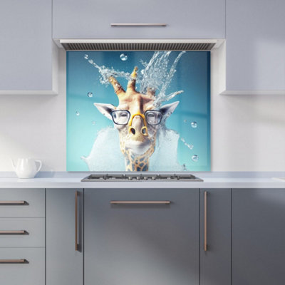 Giraffe With Glasses Splashart Premium Glass Kitchen Splashback W600mm x H600mm