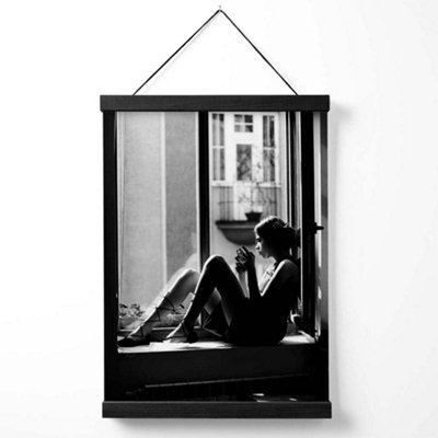 Girl in Window Fashion Black and White Photo Medium Poster with Black Hanger